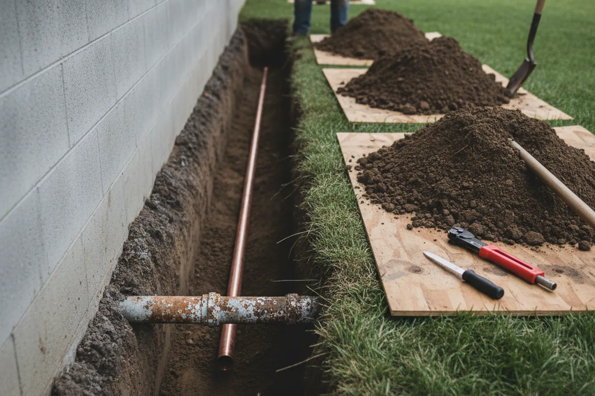 Excavated water line trench during Water Heater Repair in New Carlisle